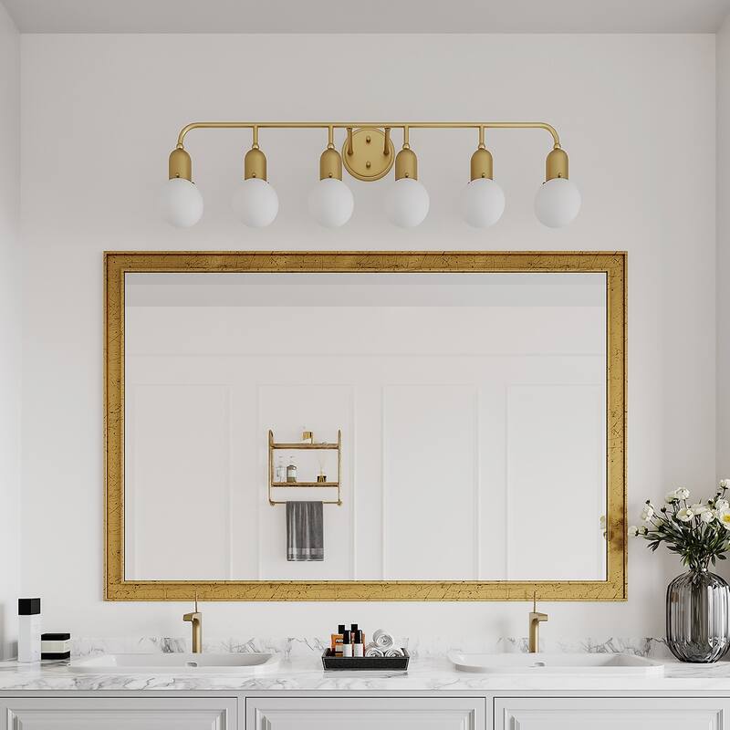 Mid-century Modern 6-light Brass Bathroom Vanity Light with Frosted Glass Globe - 44 inches