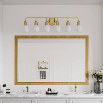 Mid-century Modern 6-light Brass Bathroom Vanity Light with Frosted Glass Globe - 44 inches