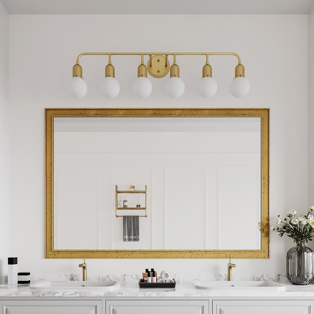 Mid-century Modern 6-light Brass Bathroom Vanity Light with Frosted Glass Globe - 44 inches