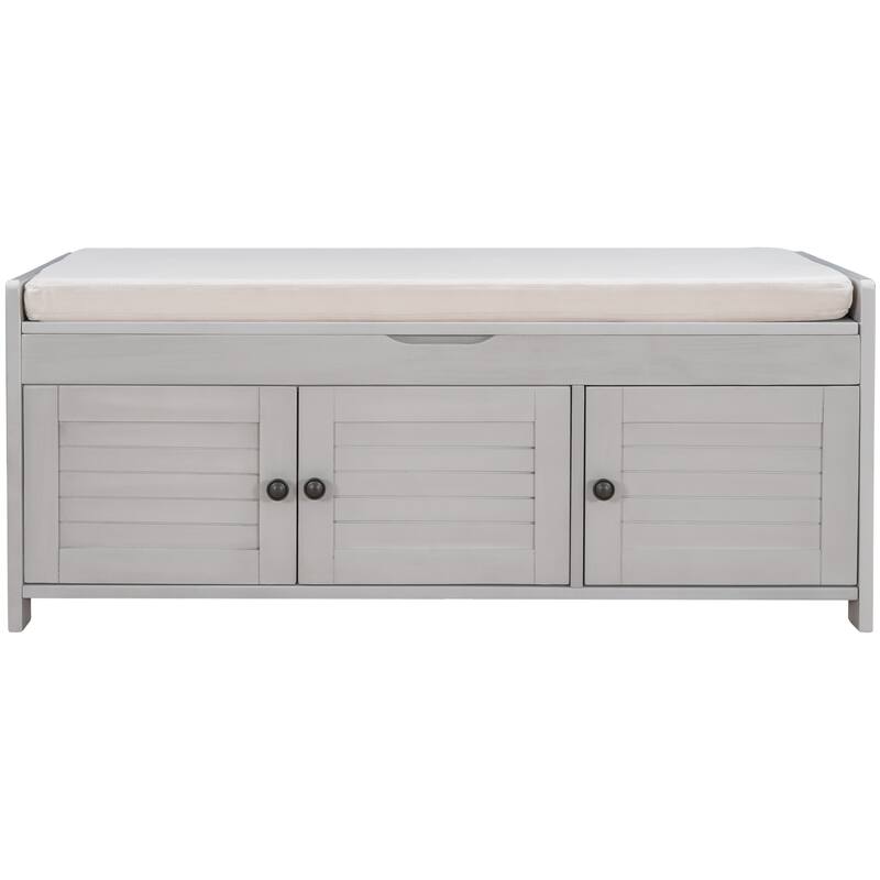 Rustic Storage Bench with Shutter-Shaped Doors & Removable Cushion - Perfect for Farmhouse Homes