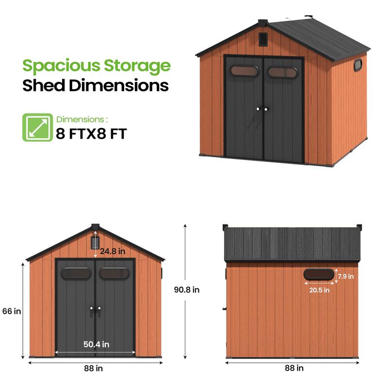 8X8 FT All-Weather Waterproof Outdoor Resin Storage Shed Windows Lockable Door with Floor for Patio Furniture and Tools