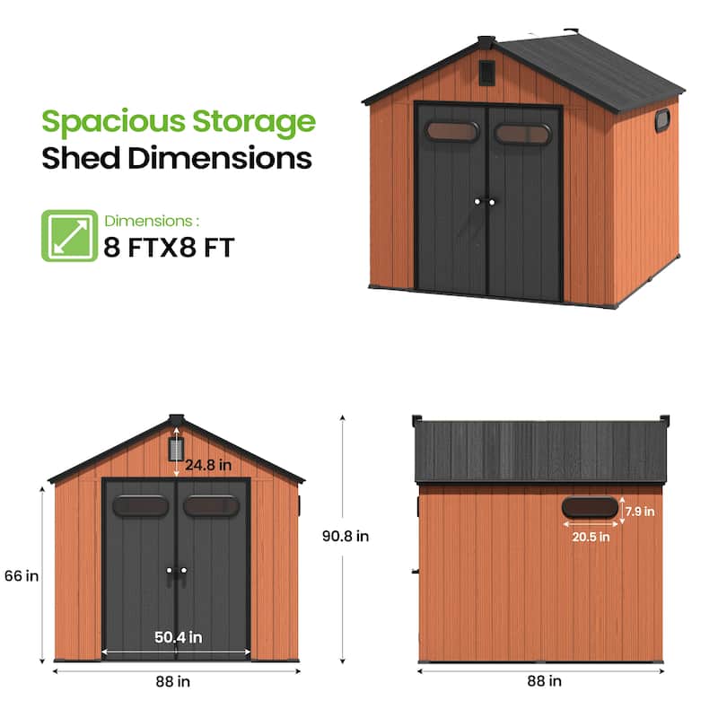 VredHom 8X8/8X10/8X12 FT All-Weather Outdoor Resin Storage Shed with Windows Floor for Patio Furniture and Tools