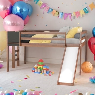 Modern Full Size Wood Loft Bed With Convertible Ladder and Slide With Stair and Chalkboard