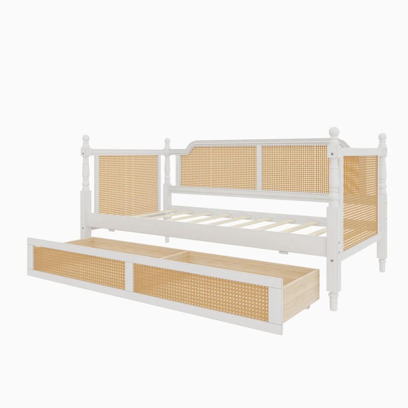 Rattan Daybed with Drawers/Twin Size Trundle, Bed Frame with Footboard