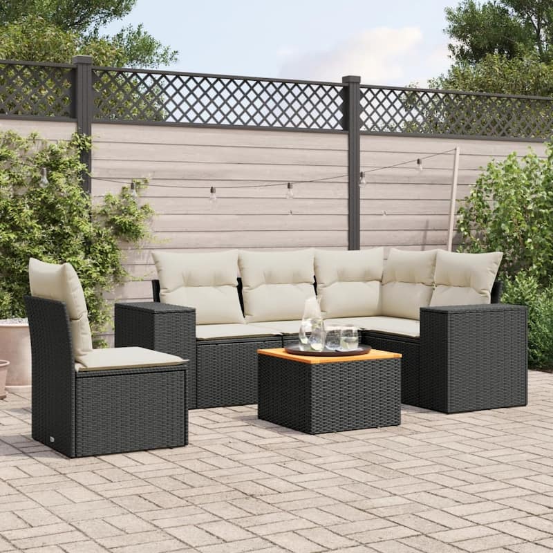 vidaXL Patio Sofa Set with Cushions Outdoor Furniture 6 Piece Poly Rattan - 21.7 x 21.7 x 14.6 - Black and Cream 2x middle + table + 1x corner