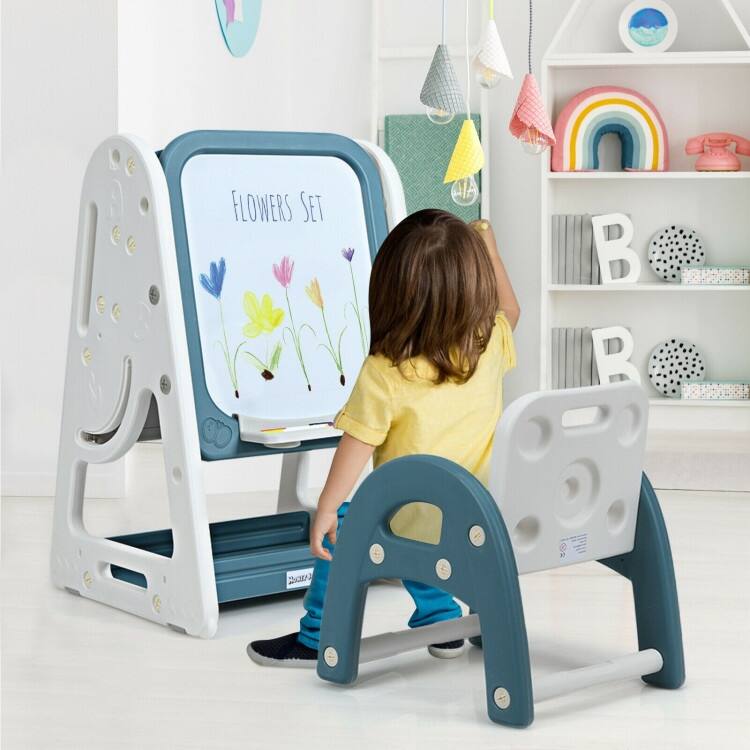 2 in 1 Kids Easel Desk Chair Set Book Rack Adjustable Art Painting Board - 25'' x 21'' x 30'' – 39'' (L x W x H)