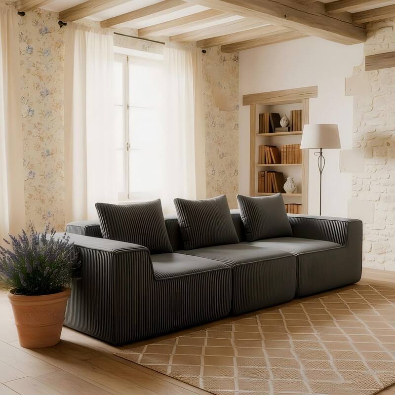 Modular Sectional Sofa with Pillows, Corduroy Upholstered 3-Seater Sofa, All-Compressed Foam Sofa for Living Room, Apartment
