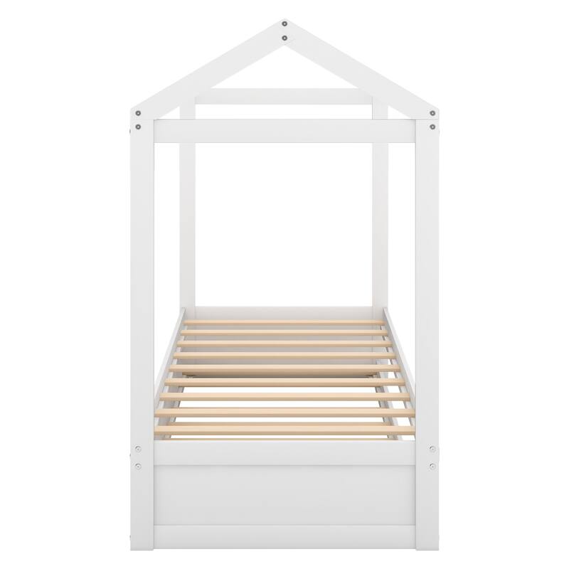 Decorative Twin House Bed with Pull-Out Trundle, Wooden Frame, Space-Saving Design