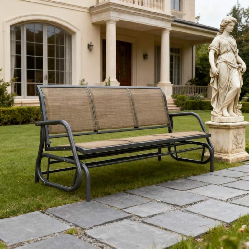GDFStudio Outdoor Corliss Metal Mesh 3 Seat Glider Bench with Smooth Rocking