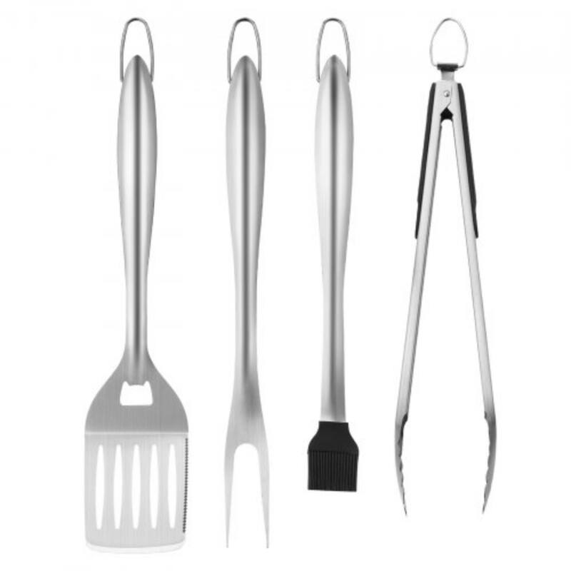 4-Piece Stainless Steel BBQ Grill Tool Set with Spatula Fork, Tongs and Brush for Outdoor - 18.7 x 4.33 x 2.95 in