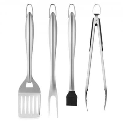 4-Piece Stainless Steel BBQ Grill Tool Set with Spatula Fork, Tongs and Brush for Outdoor - 18.7 x 4.33 x 2.95 in