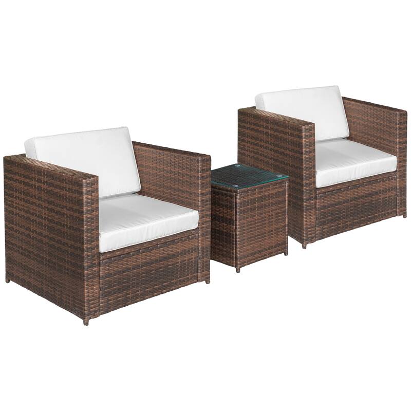 Outsunny 3-Piece Patio Wicker Bistro Set, Outdoor All-hand Weave PE Rattan Conservatory Garden Porch Furniture w/ Coffee Table