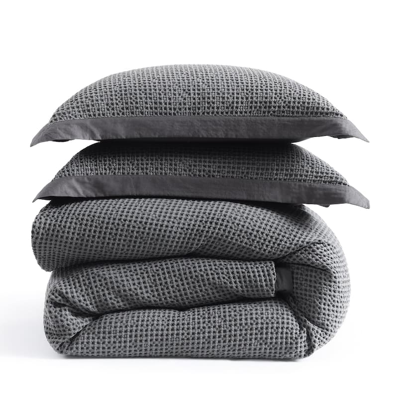 HiEnd Accents Stonewashed Cotton Waffle Weave Traditional Bedding 3 Piece Duvet Cover Set