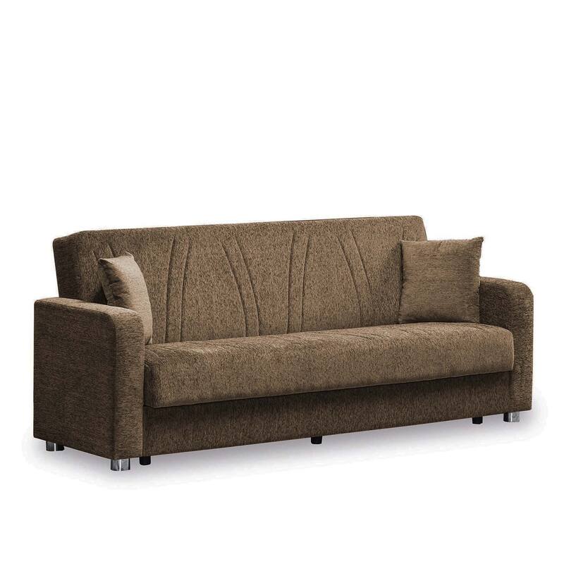 HomeRoots 87" Beige Chenille Convertible Futon Sleeper Sofa And Toss Pillows With Storage