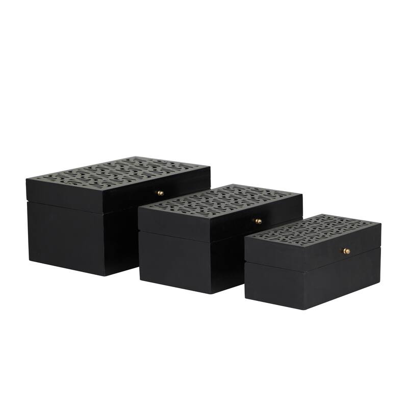 Wood Intricate Carved Box with Hinged Lid (Set of 3) - S/3 12, 10, 9"W