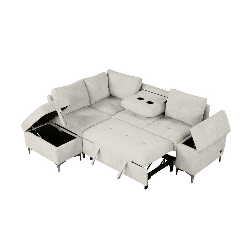 88.2" Chenille L-Shaped Sectional Sofa with Versatile Sofa Bed Design, Ample Storage Space, Two Cup Holders and USB Ports