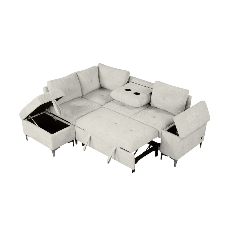 Innovative L-Shaped Convertible Sofa Bed with Ample Storage, USB Ports, and Retractable Backrest