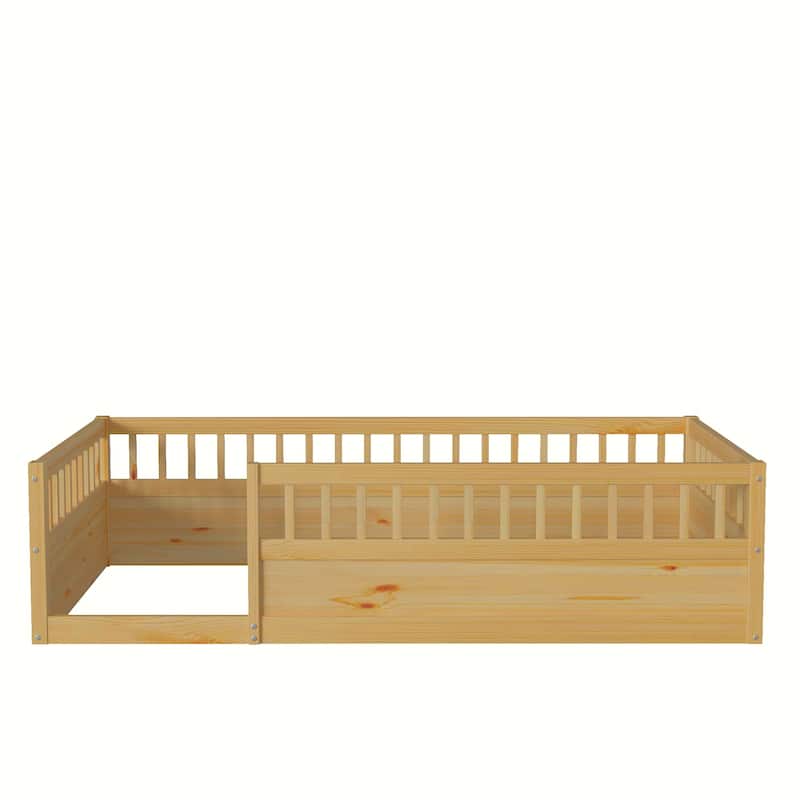 Kids Floor Bed Frame Toddler Montessori Low-Profile Floor Bed with Solid Wood Baffle Fence, No Slats No Door for Children's Room