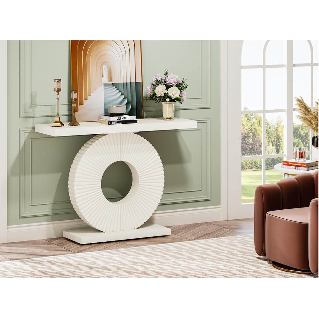 40" Modern White Console Table with Sculptural Geometric Base, Slim Entryway and Sofa Table for Living Room