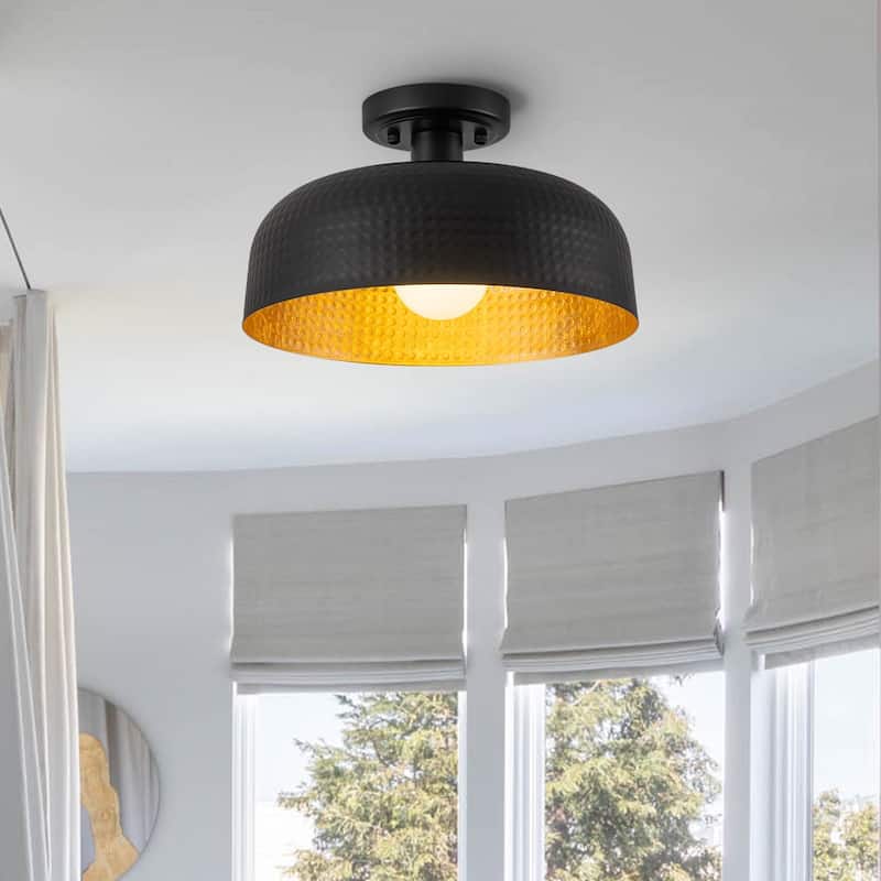 1-Light Black Industrial Hammered Shade Flush Mount Ceiling Light - Black
