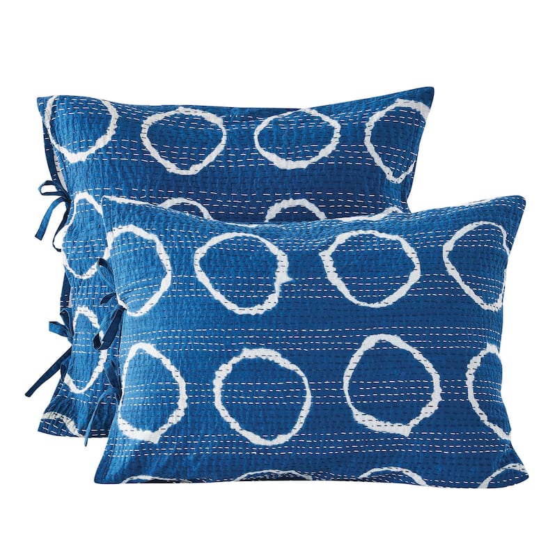 Melange Hand Stitched Kantha Block Print Pillow Sham Pair - 26x26 - Sapphire