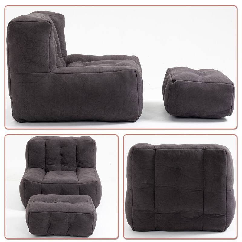 Velvet Upholstered Bean Bag Chair Lazy Chair with an Ottoman