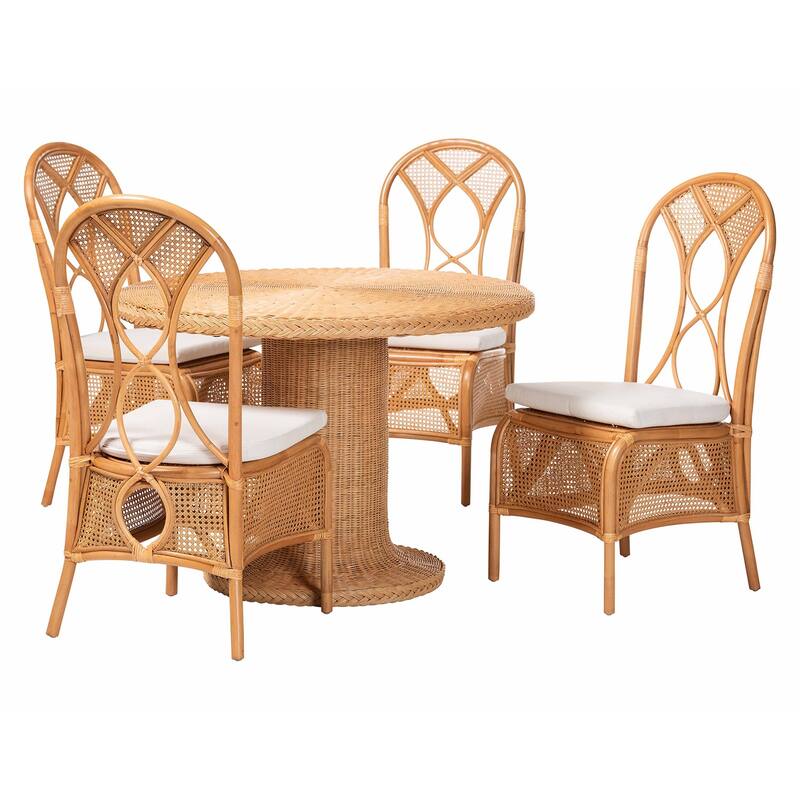 Wallis 5-Piece Natural Rattan Dining Set with Round Pedestal Table and 4 Chairs, Handwoven Wicker Dining with Cushioned Seats - Light Honey