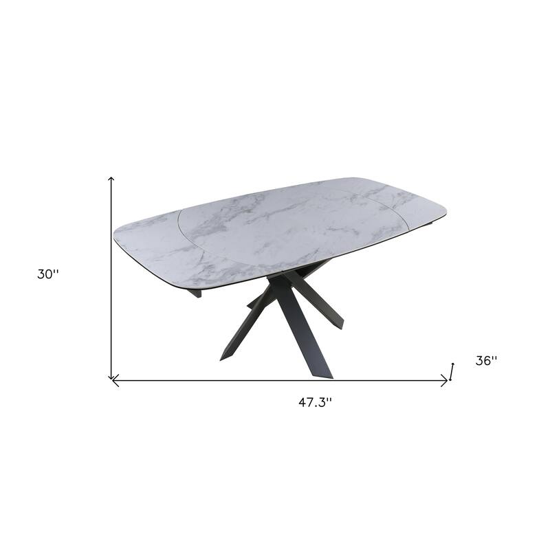 HomeRoots 47" Gray and White Ceramic and Metal Self-Storing Leaf Cross Leg Base Oval Extendable Dining Table