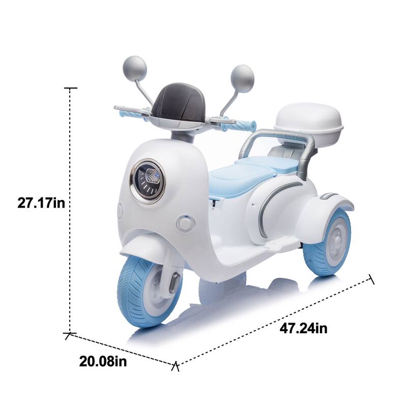 12V Ride-On Two-Seater Motorcycle for Kids, Three-Wheel Design, USB, Bluetooth, Adult Seat Flip, and Storage for Ages 3-6.