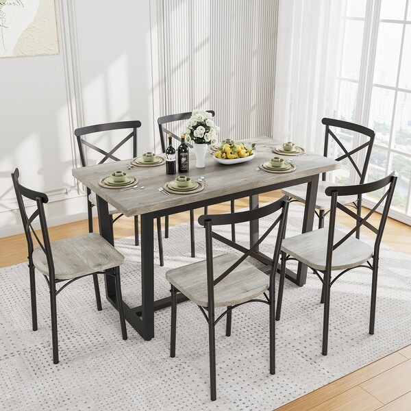 7-Pieces Dining Table Set with 4 Curved X-shape Frame Chair - Bed
