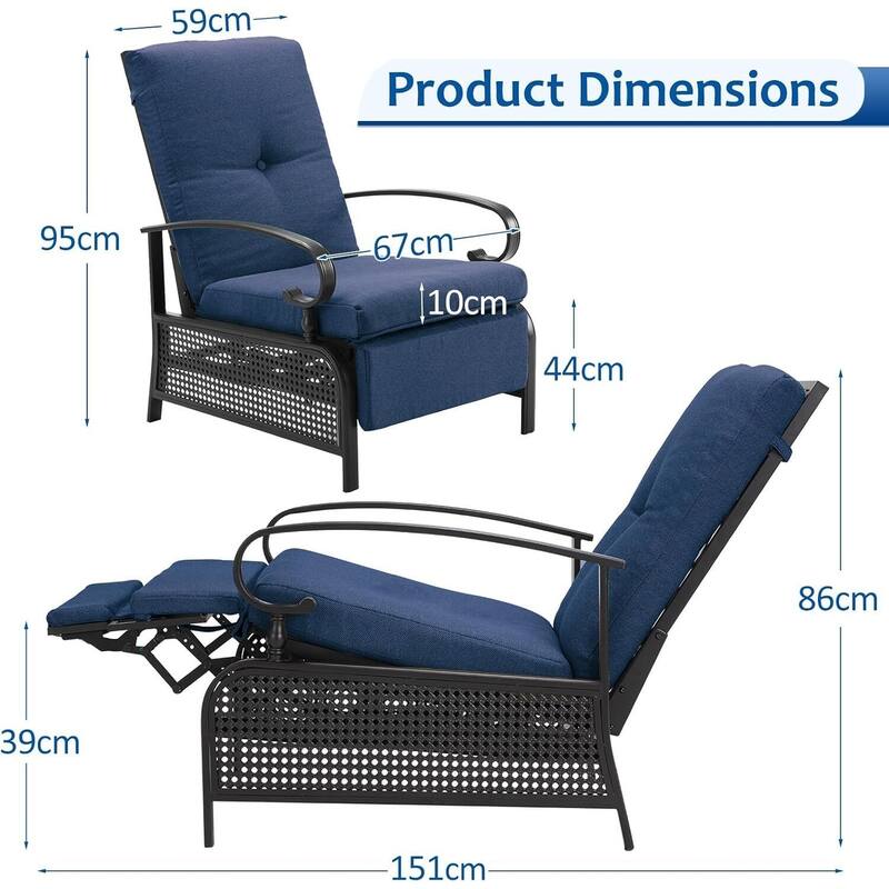 AECOJOY Outdoor Adjustable Cushioned Metal Patio Recliner Lounge Chair