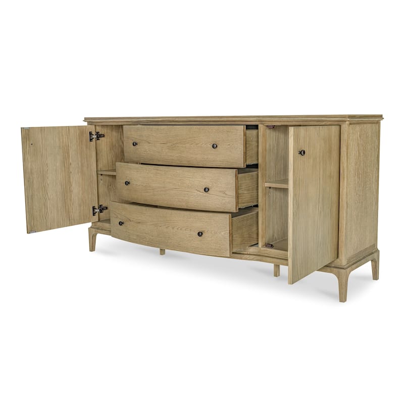 Title: NADAAL STUDIOS Maerin Sideboard, Oak Frame with Rounded Edge Overhang & Three Drawers, Brown