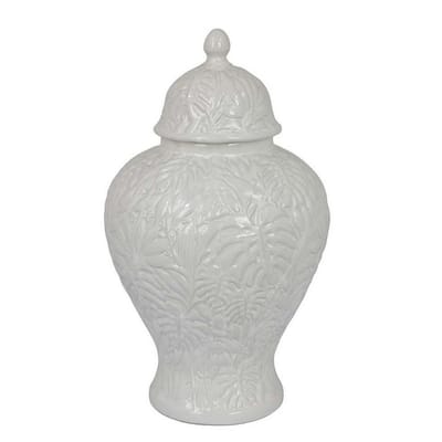 Deni 13 Inch Temple Jar, Embossed Design, Removable Lid, White Finish