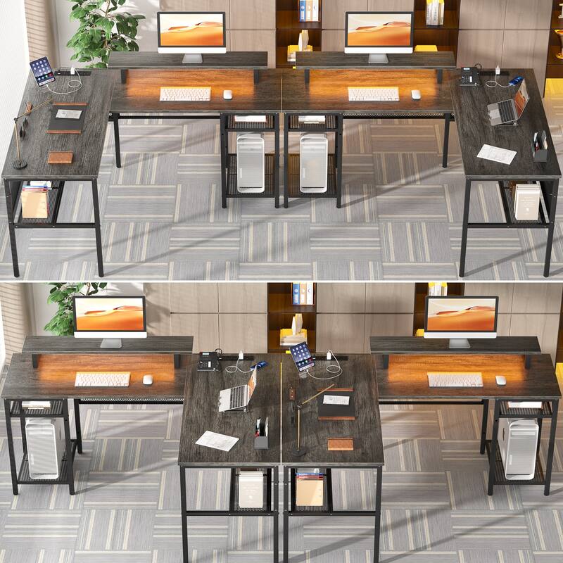 Computer Desk L-shaped Desk with Power Outlets and RGB LED and Monitor Stand