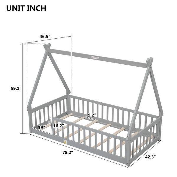 dimension image slide 1 of 3, Twin Teepee Bed with Guardrails and Slats, Gray Design