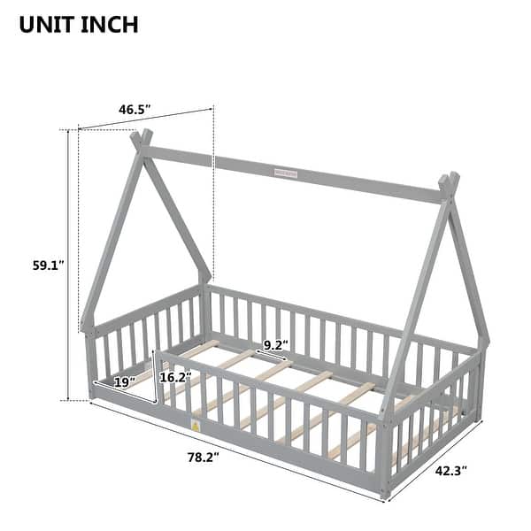 Twin Tent-Shaped Floor Bed, with Guardrails, Slats, Door , Natural