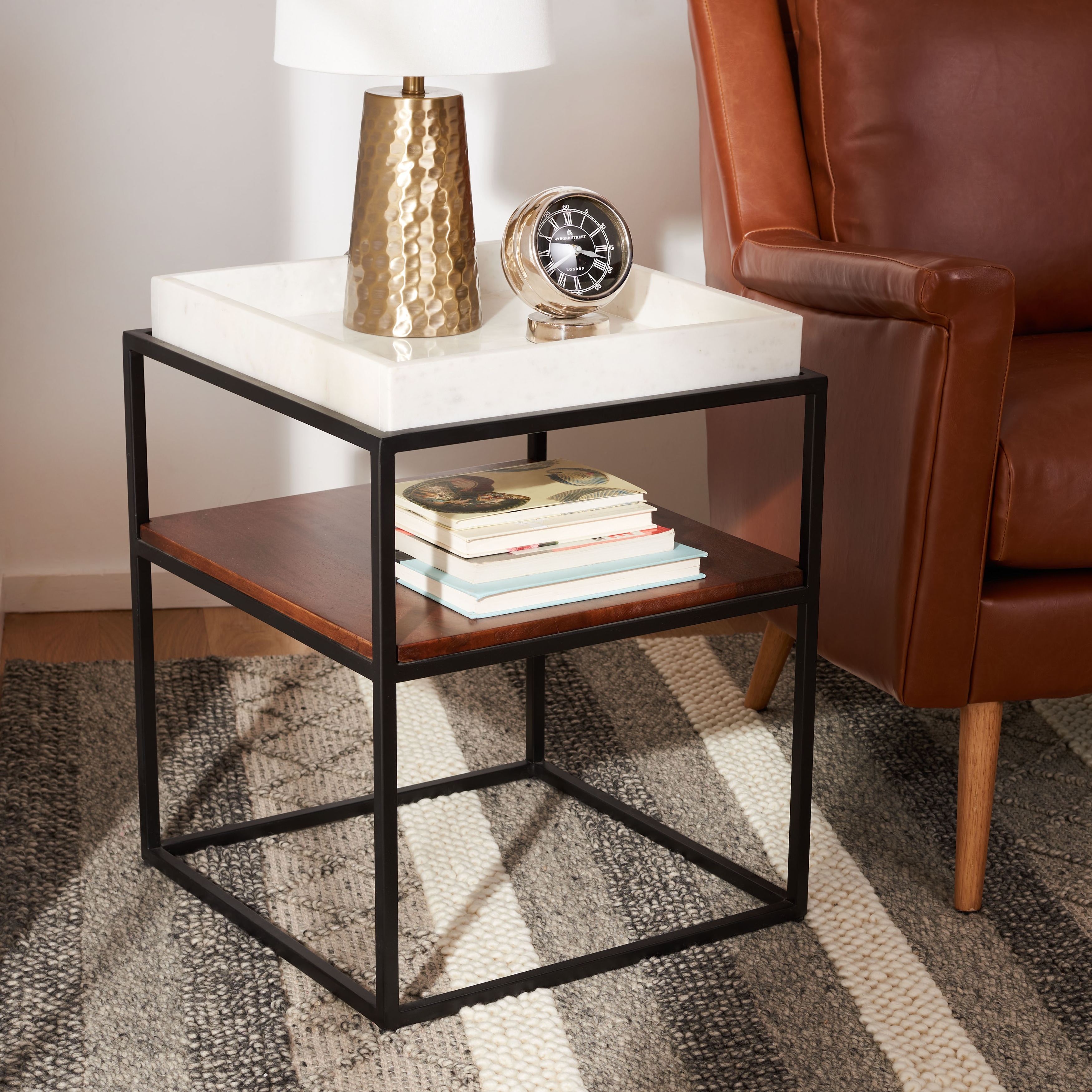 SAFAVIEH Ila Industrial Marble Accent Table, White Marble - 18Wx18Dx22H