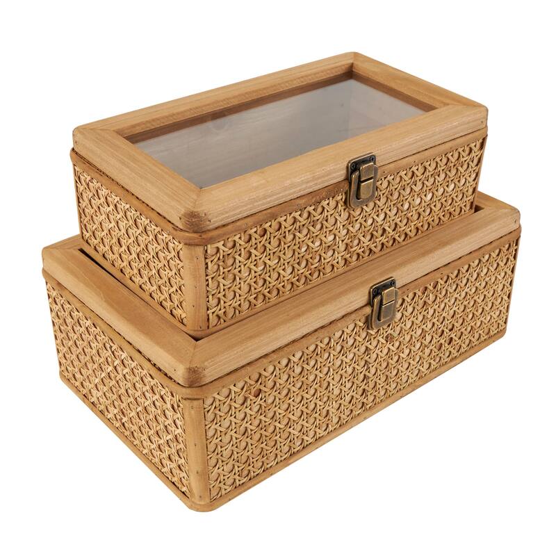 Brown Rattan Handmade Woven Rattan Box with Glass Tops and Bronze Latches (Set of 2)