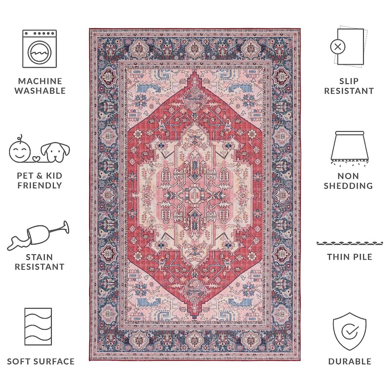 SAFAVIEH Tucson Machine Washable Slip Resistant Nevada Traditional Rug - 3' x 5' - Red/Navy