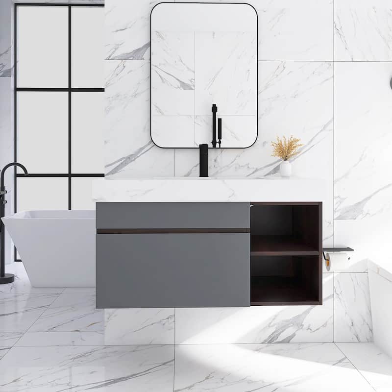 42 inch Wall Mounted Bathroom Vanity with Faux Marble Top and Basin