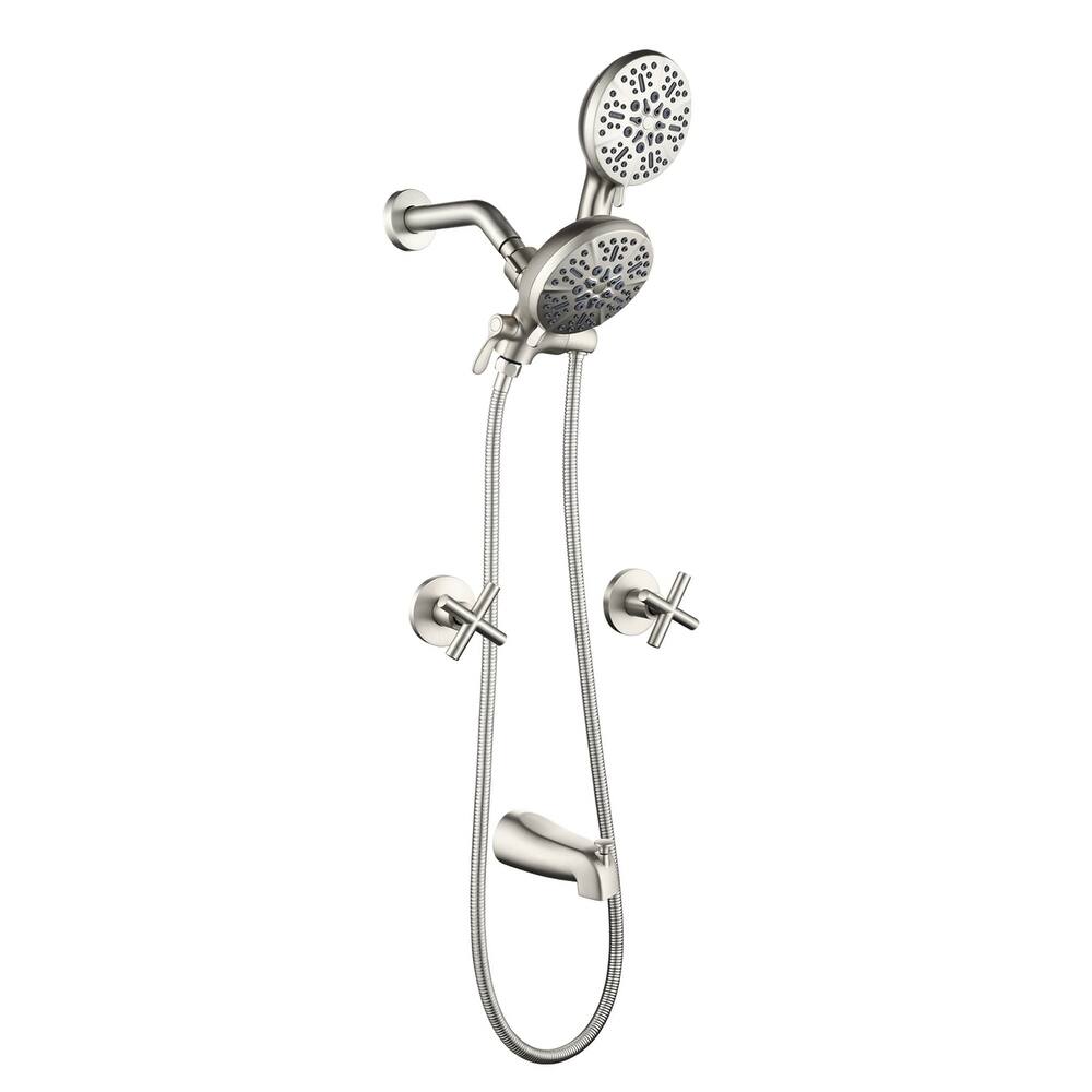 Wall Mount Tub and Shower Faucet with Hand Shower Brass Dual Head Complete Wall Mounted Shower System with Valve