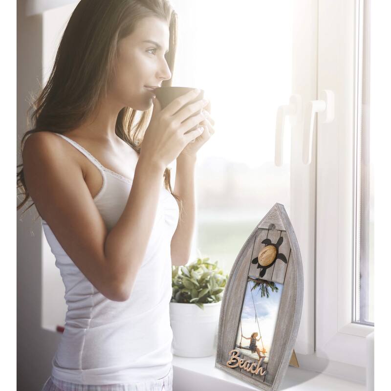 CoTa Global Grey Distressed Wood Coastal Sea Turtle Boat 4×6 Frame - 12.5 inches