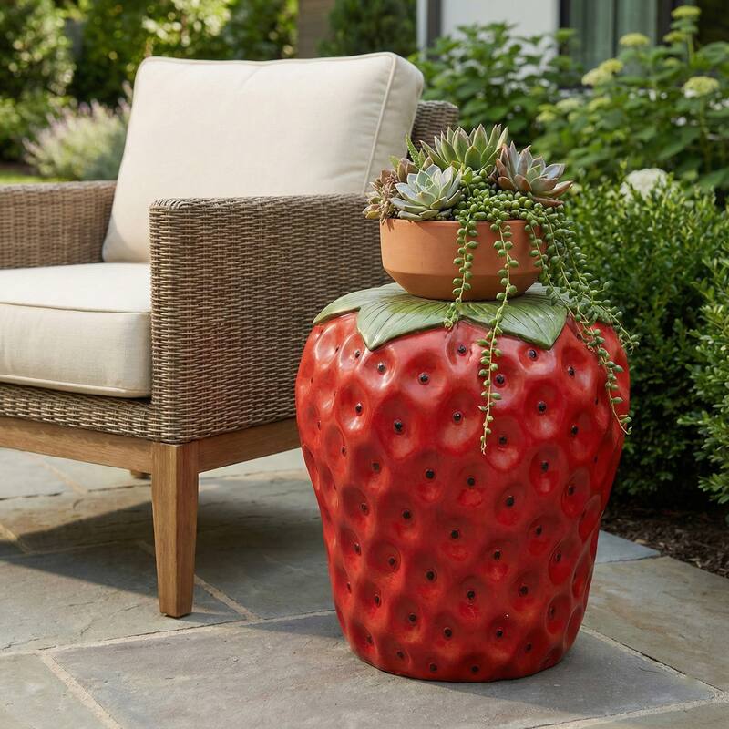 Resin Strawberry Garden Stool Outdoor Chair - Red, 17"