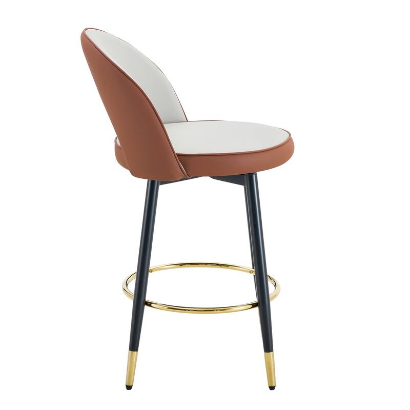 360° Swivel Bar Chair Set of 2, Modern Spliced Color Faux Leather Upholstered Bar Chair with Gold Metal Leg & Powder Coated Base