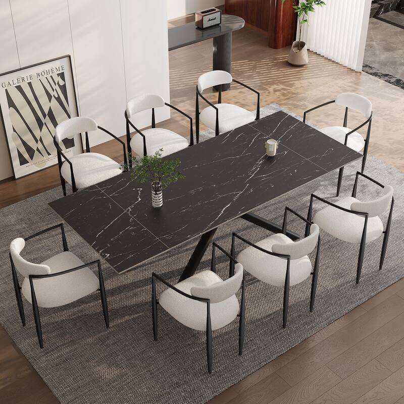 9 - Piece Extendable Sintered Stone Top Cross Legs Dining Set With 8 Fabric Chair - White&Black chair