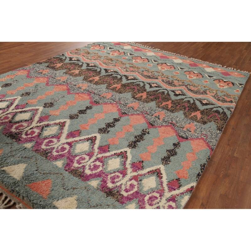 Geometric Moroccan Oriental Area Rug Hand-Knotted Wool Carpet - 7'11" x 10'7"