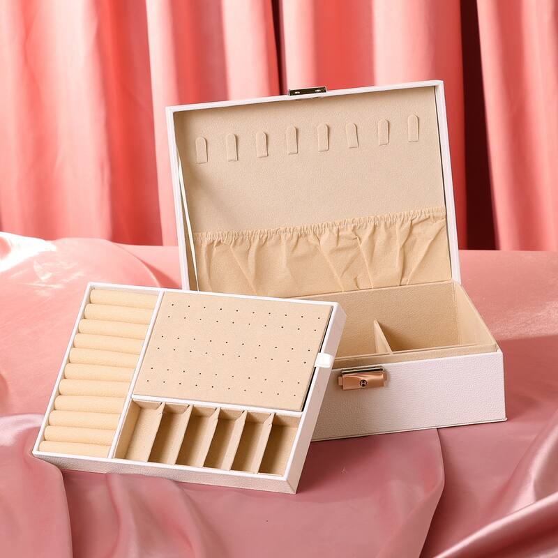 2 Layer Jewelry Box with Mirror for Women Girls, PU Leather Jewelry Organizer Case Storage Display Holder - 23x17x8.8cm