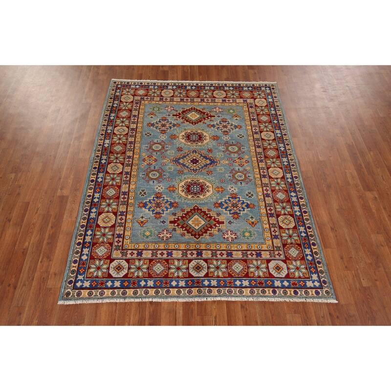 Light Blue Kazak Area Rug Handmade Bedroom Wool Carpet - 5'3" x 6'9"