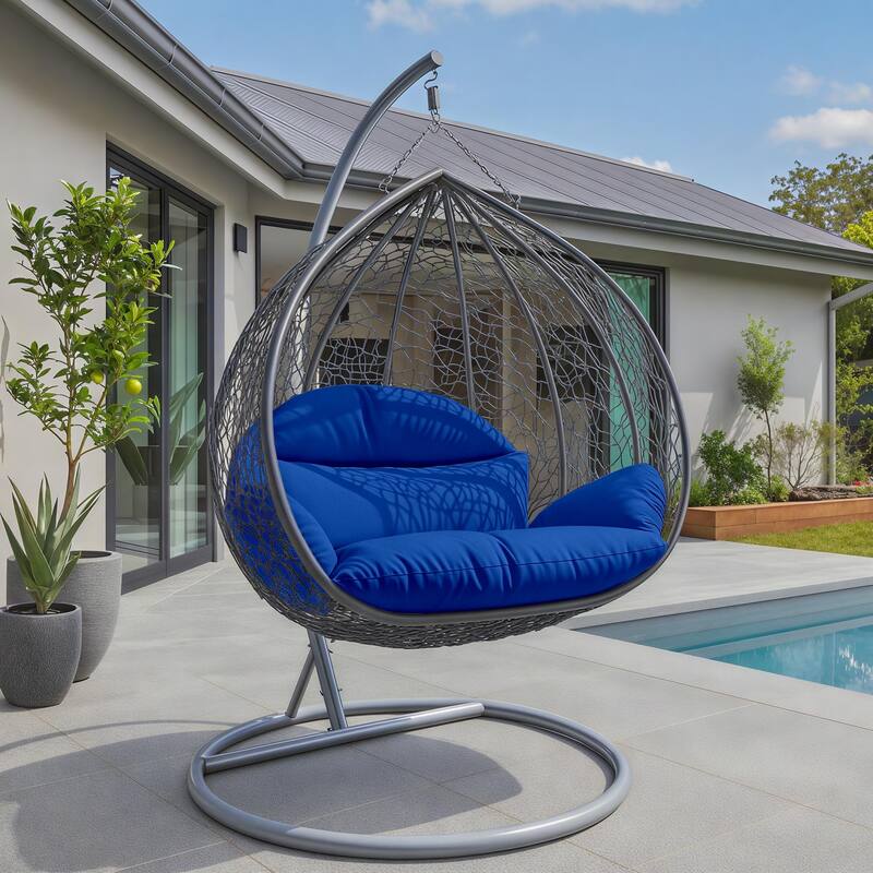 2-Person Egg Swing Chair with Grey Stainless Steel Frame, Cushioned 2-Seater Porch Swing for Outdoor and Indoor Use