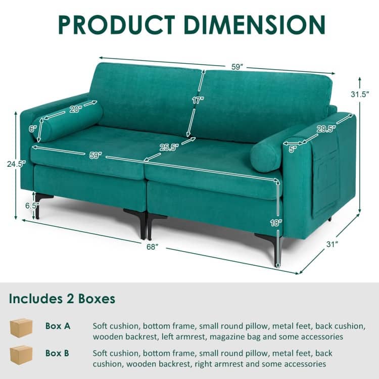 Modern Loveseat Sofa with 2 Bolsters and Side Storage Pocket - 68" x 31" x 31.5" (L x W x H)